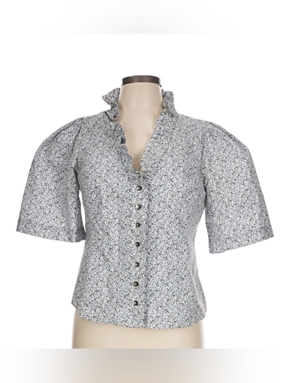 Rebecca Taylor White and Gray Floral Ruffle Button Blouse